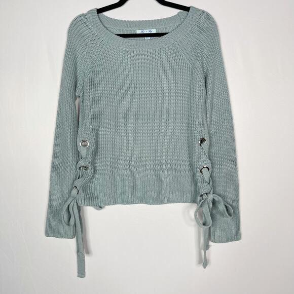 She + Sky Small S Teal Green Side Tie Lace Up Pullover Sweater Scoop Neck Cozy - Picture 1 of 9